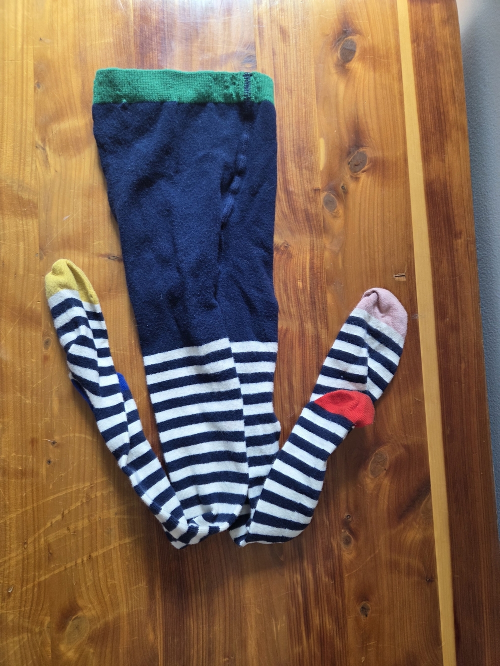 Mini Boden Navy and White Striped Kids Tights with Multicolor Accents 6/7